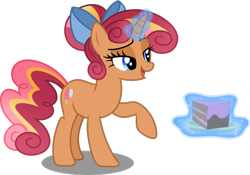 Size: 2926x2050 | Tagged: safe, artist:decprincess, imported from derpibooru, oc, oc only, oc:chocolate savoury, pony, unicorn, bow, cake, cute, female, food, glowing horn, hair bun, horn, magic, magic aura, mare, open mouth, plate, raised hoof, simple background, smiling, solo, transparent background, vector