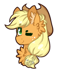 Size: 462x577 | Tagged: safe, alternate version, artist:silentwolf-oficial, imported from derpibooru, applejack, earth pony, pony, bust, chest fluff, ear fluff, freckles, hat, one eye closed, signature, simple background, solo, transparent background, wink