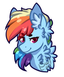 Size: 382x456 | Tagged: safe, alternate version, artist:silentwolf-oficial, imported from derpibooru, rainbow dash, pegasus, pony, bust, chest fluff, ear fluff, signature, simple background, smiling, solo, transparent background