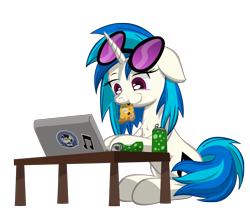 Size: 4000x3500 | Tagged: safe, artist:template93, imported from derpibooru, dj pon-3, vinyl scratch, pony, unicorn, can, chest fluff, chewing, computer, eating, food, glasses, laptop computer, pizza, simple background, soda, soda can, solo, sticker, table, transparent background