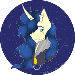 Size: 3043x3043 | Tagged: safe, artist:aritina, imported from derpibooru, oc, oc only, oc:starry, hybrid, pony, unicorn, bust, colored, ear fluff, ethereal mane, fangs, head, high res, horn, male, signature, simple background, smiling, solo, solo male, stallion, starry mane, transparent background