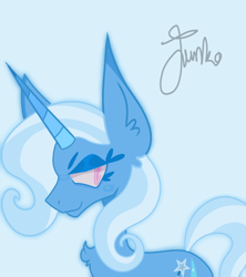 Size: 800x900 | Tagged: safe, artist:junko, artist:php163, imported from derpibooru, trixie, pony, unicorn, blue background, chest fluff, ear fluff, eyelashes, female, looking offscreen, mare, signature, simple background, smiling, smirk, solo