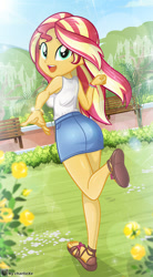 Size: 625x1130 | Tagged: safe, artist:charliexe, imported from derpibooru, sunset shimmer, equestria girls, armpits, ass, beautiful, bench, bracelet, breasts, bunset shimmer, butt, clothes, cute, denim skirt, feet, flower, happy, jewelry, looking at you, looking back, multicolored hair, outdoors, rear view, running, sandals, scenery, shimmerbetes, sideboob, skirt, smiling, smiling at you, stupid sexy sunset shimmer, tanktop, tomboy, turquoise eyes, yellow skin