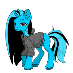 Size: 1024x1024 | Tagged: safe, artist:band sickle, artist:bandwidth, imported from derpibooru, oc, oc only, oc:codec, pony, unicorn, pony creator, clothes, female, hoodie, lidded eyes, looking at you, mare, simple background, solo, transparent background, unamused