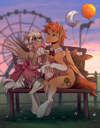 Size: 2343x2971 | Tagged: safe, artist:1an1, imported from derpibooru, oc, oc only, oc:coffee creamtrain, oc:geartrain, pegasus, semi-anthro, balloon, bedroom eyes, bench, clothes, coffeetrain, cotton candy, dress, ferris wheel, flower, food, grass, plushie, popcorn