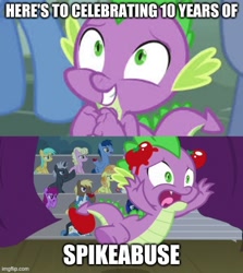 Size: 500x560 | Tagged: safe, edit, edited screencap, screencap, berry punch, berryshine, blues, coco crusoe, fancypants, junebug, millie, noteworthy, princess luna, spike, sunshower raindrops, dragon, horse play, abuse, booing, caption, food, go to sleep garble, i can't believe it's not useraccount, image macro, mlp fim's tenth anniversary, op is a duck, shitposting, spikeabuse, spikeposting, text, tomato, tomatoes