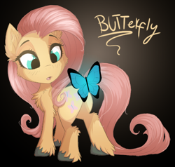 Size: 500x476 | Tagged: safe, artist:a-lunar-eclipse, fluttershy, butterfly, earth pony, pony, blushing, butt, cheek fluff, chest fluff, ear fluff, female, mare, open mouth, plot, race swap, unshorn fetlocks, yellow