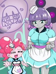 Size: 1536x2048 | Tagged: safe, artist:batipin, maud pie, pinkie pie, equestria girls, abstract background, alternate hairstyle, alternate version in the description, apron, bow, breasts, busty maud pie, clothes, description is artwork too, dress, duo, female, hair bow, hat, pictogram, waitress