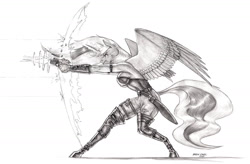 Size: 1600x1051 | Tagged: safe, artist:baron engel, princess luna, alicorn, anthro, pony, unguligrade anthro, armor, boots, breasts, busty princess luna, cleavage, clothes, corset, firing, force field, grayscale, gun, kukri, monochrome, pencil drawing, shoes, solo, traditional art, unconvincing armor, weapon