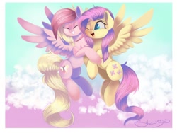 Size: 1024x768 | Tagged: safe, artist:sketchiix3, fluttershy, oc, oc:mio, pegasus, pony, duo, eyes closed, female, flying, hug, mare, one eye closed, signature, spread wings, wings