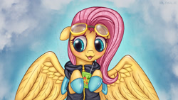 Size: 1920x1080 | Tagged: safe, artist:eltaile, fluttershy, pegasus, pony, clothes, costume, cute, dangerous mission outfit, female, floppy ears, goggles, hoodie, hoof hold, juice, juice box, mare, shyabetes, sky, solo