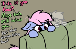 Size: 764x494 | Tagged: safe, artist:neuro, oc, oc only, crystal pony, ghost, ghost pony, pegasus, pony, undead, couch, cute, dialogue, female, floppy ears, hiding, implied anon, mare