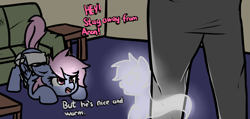 Size: 1288x611 | Tagged: safe, artist:neuro, oc, oc only, oc:anon, crystal pony, ghost, ghost pony, human, pegasus, pony, undead, clothes, dialogue, face down ass up, female, floppy ears, glow, imminent pounce, mare, pillow armor, raised tail, tail