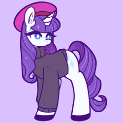 Size: 1150x1150 | Tagged: safe, artist:cleventine, artist:pankekie, imported from derpibooru, rarity, pony, unicorn, barrette, beatnik rarity, beret, clothes, female, hat, mare, purple background, shirt, simple background, solo, sweater