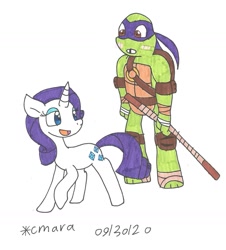 Size: 1306x1446 | Tagged: safe, artist:cmara, imported from derpibooru, rarity, anthro, pony, turtle, unicorn, bandana, bo staff, donatello, eyeshadow, female, makeup, male, mare, open mouth, raised hoof, simple background, tape, teenage mutant ninja turtles, tmnt 2012, traditional art, white background