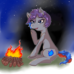 Size: 1024x1024 | Tagged: safe, artist:ghouleh, imported from derpibooru, oc, oc only, oc:wisp, earth pony, campfire, female, fire, mare, shadow, sitting, smiling