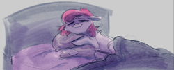 Size: 1899x765 | Tagged: safe, artist:anonymous, imported from derpibooru, snuzzle, earth pony, pony, /mlp/, bed, blanket, comfy, cozy, cute, drawthread, pillow, sleeping, snuzzlebetes, solo