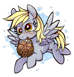 Size: 1280x1336 | Tagged: safe, artist:kaylees-art, imported from derpibooru, derpy hooves, pegasus, pony, abstract background, basket, cute, derpabetes, female, flying, food, mare, mouth hold, muffin, simple background, solo, spread wings, transparent background, wings