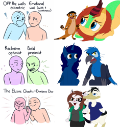 Size: 1154x1229 | Tagged: dead source, safe, artist:megaanimationfan, imported from derpibooru, oc, oc only, oc:amber, oc:david, oc:gerald, oc:midnight, oc:midnight specter, oc:shauku, oc:summer breeze, alicorn, anthro, bird, cat, duck, griffon, kirin, meerkat, alicorn oc, anthro oc, furry, furry oc, griffon oc, horn, kirin oc, oc x oc, shipping, simple background, white background, wings