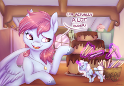 Size: 5000x3500 | Tagged: safe, artist:buttersprinkle, imported from derpibooru, oc, oc only, oc:eula phi, oc:evening skies, pegasus, pony, unicorn, birthday, birthday cake, cake, candle, commission, female, food, giant pegasus, giant pony, macro, mare, micro, size difference, tiny, tiny ponies, tiny unicorn