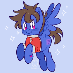 Size: 2048x2048 | Tagged: safe, artist:alexbeeza, imported from derpibooru, oc, oc:cobolt sky, oc:roachtoon, pegasus, pony, artist in link, clothes, cobolt sky, commission, cute, flying, jacket, male, varsity jacket