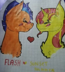 Size: 2112x2353 | Tagged: safe, artist:endermanotaku, imported from derpibooru, flash sentry, sunset shimmer, female, flashimmer, graph paper, heart, male, shipping, straight, traditional art