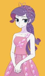 Size: 1221x2066 | Tagged: safe, artist:haibaratomoe, imported from derpibooru, rarity, costume conundrum, equestria girls, equestria girls series, spoiler:eqg series (season 2), adorasexy, alternate hairstyle, beautiful, blushing, breasts, busty rarity, clothes, cute, digital art, dress, eyelashes, eyeshadow, female, gem, jewelry, looking at you, makeup, off shoulder, orange background, princess rarity, raribetes, sexy, simple background, smiling, smiling at you, solo, tiara