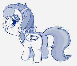 Size: 609x526 | Tagged: safe, artist:heretichesh, imported from derpibooru, oc, oc only, oc:angel blossom, pegasus, pony, bow, butt, female, filly, freckles, hair bow, happy, looking back, monochrome, pigtails, plot, sketch, smiling