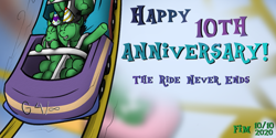 Size: 1008x506 | Tagged: safe, artist:pew-screw, imported from derpibooru, oc, oc:anon, oc:anon stallion, oc:anonpone, pony, anniversary, anonpony, happy, happy birthday mlp:fim, mlp fim's tenth anniversary, roller coaster, scared, the ride never ends