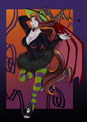 Size: 2865x4051 | Tagged: safe, artist:blackblood-queen, imported from derpibooru, oc, oc only, oc:scarlet quill, anthro, bat pony, unguligrade anthro, bat pony oc, bat wings, big breasts, breasts, busty scarlet quill, cleavage, clothes, commission, costume, digital art, female, grin, halloween, halloween costume, hat, holiday, lipstick, milf, nightmare night costume, scary godmother, slit eyes, slit pupils, smiling, socks, striped socks, wings, witch, witch costume, witch hat