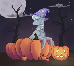 Size: 3000x2700 | Tagged: safe, artist:flaming-trash-can, imported from derpibooru, silver spoon, earth pony, pony, clothes, commission, halloween, hat, holiday, pumpkin, solo, trixie's hat, ych result