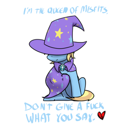 Size: 1200x1200 | Tagged: safe, artist:skydreams, imported from derpibooru, oc, oc only, oc:skydreams, pony, unicorn, cape, clothes, female, hat, heart, mare, queen of misfits, simple background, solo, trixie's cape, trixie's hat, vulgar, vylet pony, white background