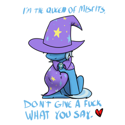 Size: 1200x1200 | Tagged: safe, alternate version, artist:skydreams, edit, imported from derpibooru, trixie, pony, unicorn, cape, clothes, female, hat, heart, mare, queen of misfits, simple background, solo, trixie's cape, trixie's hat, vulgar, vylet pony, white background