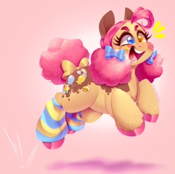 Size: 1280x1274 | Tagged: safe, artist:pastelperyton, artist:physisinwonderland, imported from derpibooru, pinkie pie, earth pony, pony, bow, colored hooves, female, gradient background, hair bow, heterochromia, leg warmers, mare, pronking, redesign, solo, tail bow