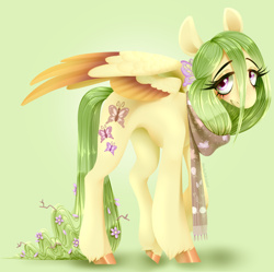 Size: 1434x1427 | Tagged: safe, artist:pastelperyton, artist:physisinwonderland, imported from derpibooru, fluttershy, pegasus, pony, clothes, female, flower, flower in hair, gradient background, green background, mare, redesign, scarf, simple background, solo