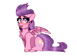 Size: 1262x931 | Tagged: safe, artist:moodi, imported from derpibooru, clear skies, pegasus, pony, :p, blushing, chest fluff, cute, cutie mark, eyebrows, female, females only, floppy ears, folded wings, looking at you, simple background, sitting, solo, tongue out, transparent background, wings