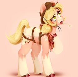 Size: 1280x1274 | Tagged: safe, artist:pastelperyton, artist:physisinwonderland, imported from derpibooru, applejack, earth pony, pony, coat markings, cowboy hat, female, gradient background, hat, mare, neckerchief, redesign, socks (coat marking), socks (coat markings), solo, straw in mouth, unshorn fetlocks