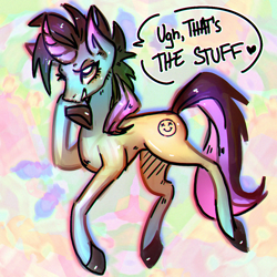 Size: 1000x1000 | Tagged: safe, artist:bunchi, imported from derpibooru, oc, oc only, oc:acid pecks, pony, unicorn, colored, drugs, dyed mane, female, highlights, mare, mohawk, psychedelic, simple background, skinny, smiling, smirk, smug, solo, spiky hair, text