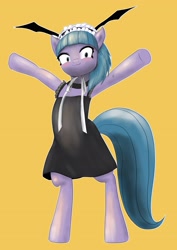 Size: 2508x3541 | Tagged: safe, artist:nullpotower, imported from derpibooru, tote bag (character), tote bag (g4), earth pony, pony, :3, bipedal, clothes, dress, female, headband, mare, simple background, solo, yellow background