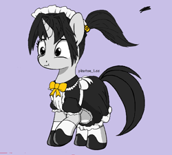 Size: 1014x912 | Tagged: safe, artist:photon_lee, imported from derpibooru, oc, oc only, oc:photon_lee, pony, unicorn, clothes, gray background, maid, ponytail, simple background, solo, trace