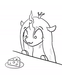 Size: 1496x1867 | Tagged: safe, artist:nullpotower, imported from derpibooru, queen chrysalis, changeling, changeling queen, black and white, bust, cheese, cute, cutealis, drool, female, food, grayscale, looking at something, monochrome, portrait, queen swissalis, solo, swiss cheese, tongue out