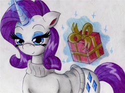 Size: 2912x2168 | Tagged: safe, artist:alcasar-reich, imported from derpibooru, rarity, pony, unicorn, clothes, magic, present, solo, sweater, telekinesis, traditional art