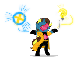 Size: 1280x965 | Tagged: safe, artist:mlp-trailgrazer, imported from derpibooru, oc, oc:bright idea, pony, unicorn, clothes, cosplay, costume, female, jubilee, mare, simple background, solo, transparent background, x-men