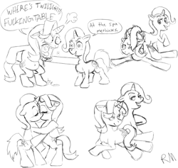 Size: 1959x1858 | Tagged: safe, artist:rustymonkee, imported from derpibooru, starlight glimmer, trixie, pony, unicorn, all bottled up, angry, blushing, dialogue, eyes closed, female, kissing, lesbian, lying down, monochrome, shipping, sketch, smiling, smirk, startrix