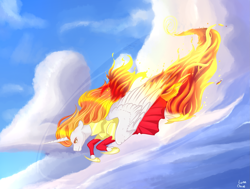 Size: 2361x1786 | Tagged: safe, artist:luna dave, imported from derpibooru, oc, oc only, oc:king phoenix, alicorn, pony, alicorn oc, cloud, fire, flying, horn, male, sky, solo, spread wings, stallion, wings