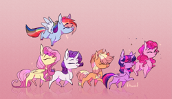 Size: 2033x1175 | Tagged: safe, artist:iheyyasyfox, imported from derpibooru, applejack, fluttershy, pinkie pie, rainbow dash, rarity, twilight sparkle, alicorn, earth pony, pegasus, pony, unicorn, chest fluff, chibi, cowboy hat, cute, female, happy birthday mlp:fim, hat, mane six, mare, missing cutie mark, mlp fim's tenth anniversary, pronking, reflection, twilight sparkle (alicorn)