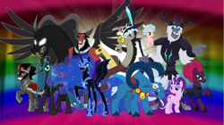 Size: 5361x3008 | Tagged: safe, artist:andoanimalia, imported from derpibooru, cozy glow, discord, grogar, king sombra, lord tirek, nightmare moon, pony of shadows, queen chrysalis, starlight glimmer, storm king, tempest shadow, alicorn, centaur, changeling, changeling queen, draconequus, pegasus, sheep, unicorn, yeti, my little pony: the movie, antagonist, equal cutie mark, female, filly, legion of doom, male, mare, ram, show accurate, staff, staff of sacanas, stallion, villains of equestria