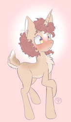 Size: 1166x2000 | Tagged: safe, artist:sinamuna, imported from derpibooru, oc, oc only, oc:pepper dust, deer, deer pony, original species, pony, unicorn, unideer, au:equuis, blaze (coat marking), blushing, brown hair, coat markings, confused, curly hair, deer tail, facial markings, femboy, forehead mark, freckles, golden eyes, horn, lanky, long legs, male, messy hair, nervous, purple eyes, redesign, rubbing leg, shy, solo, spots, two toned eyes, yellow eyes