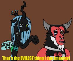 Size: 795x667 | Tagged: safe, artist:logan jones, imported from derpibooru, lord tirek, queen chrysalis, centaur, crying, meme, ponified meme, reaction image, subtitles, tears of joy, the powerpuff girls