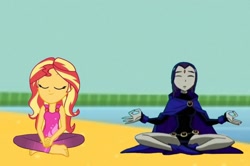 Size: 1323x878 | Tagged: safe, artist:felix lynn, artist:thatradhedgehog, imported from derpibooru, sunset shimmer, equestria girls, barefoot, feet, meditating, raven (dc comics), raven (teen titans), shimrav, teen titans